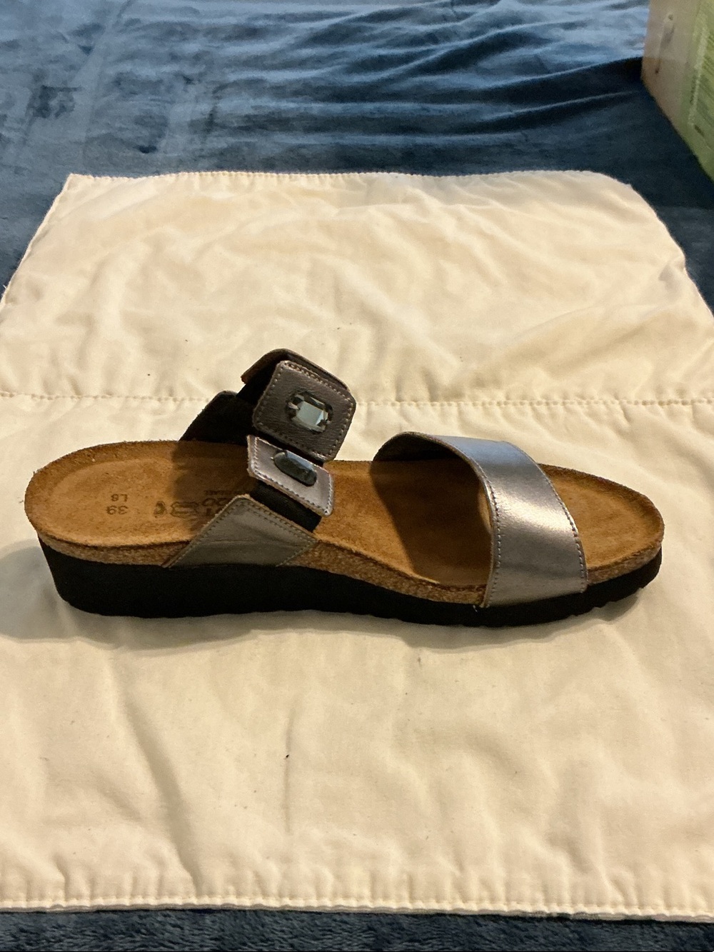 Naot Silver Slide Sandal with Buckle Accent